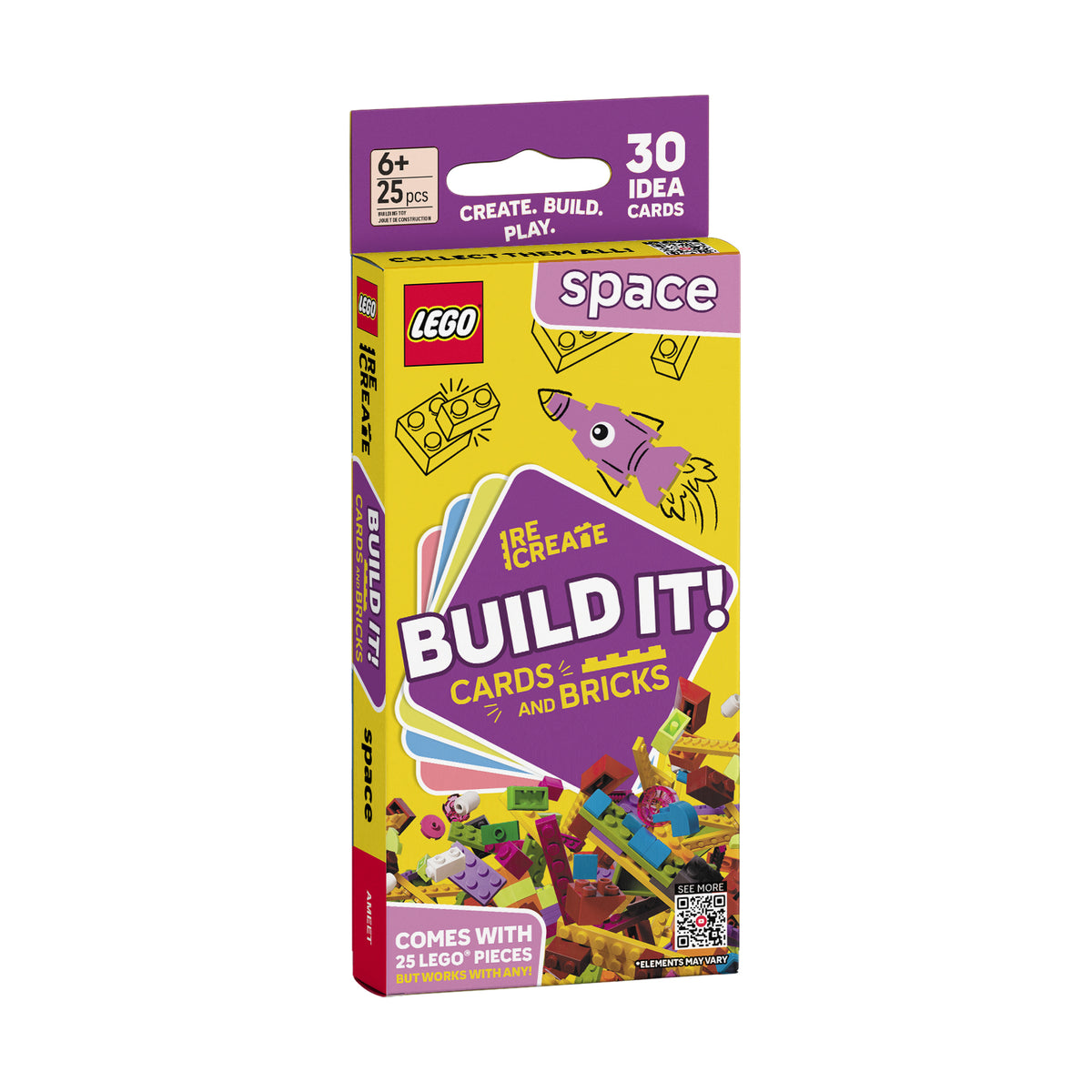 LEGO Space Build It! Cards and Bricks card game box, featuring a bright yellow and purple design with LEGO branding and space-themed illustrations.