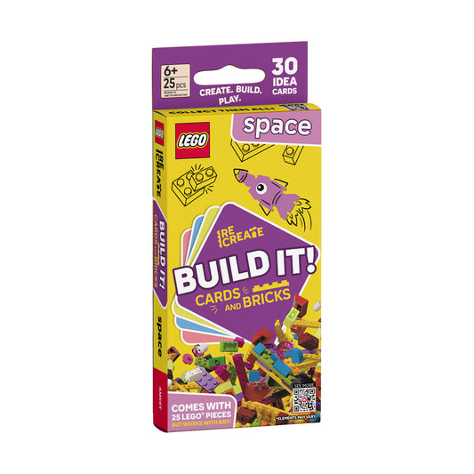 LEGO Space Build It! Cards and Bricks card game box, featuring a bright yellow and purple design with LEGO branding and space-themed illustrations.